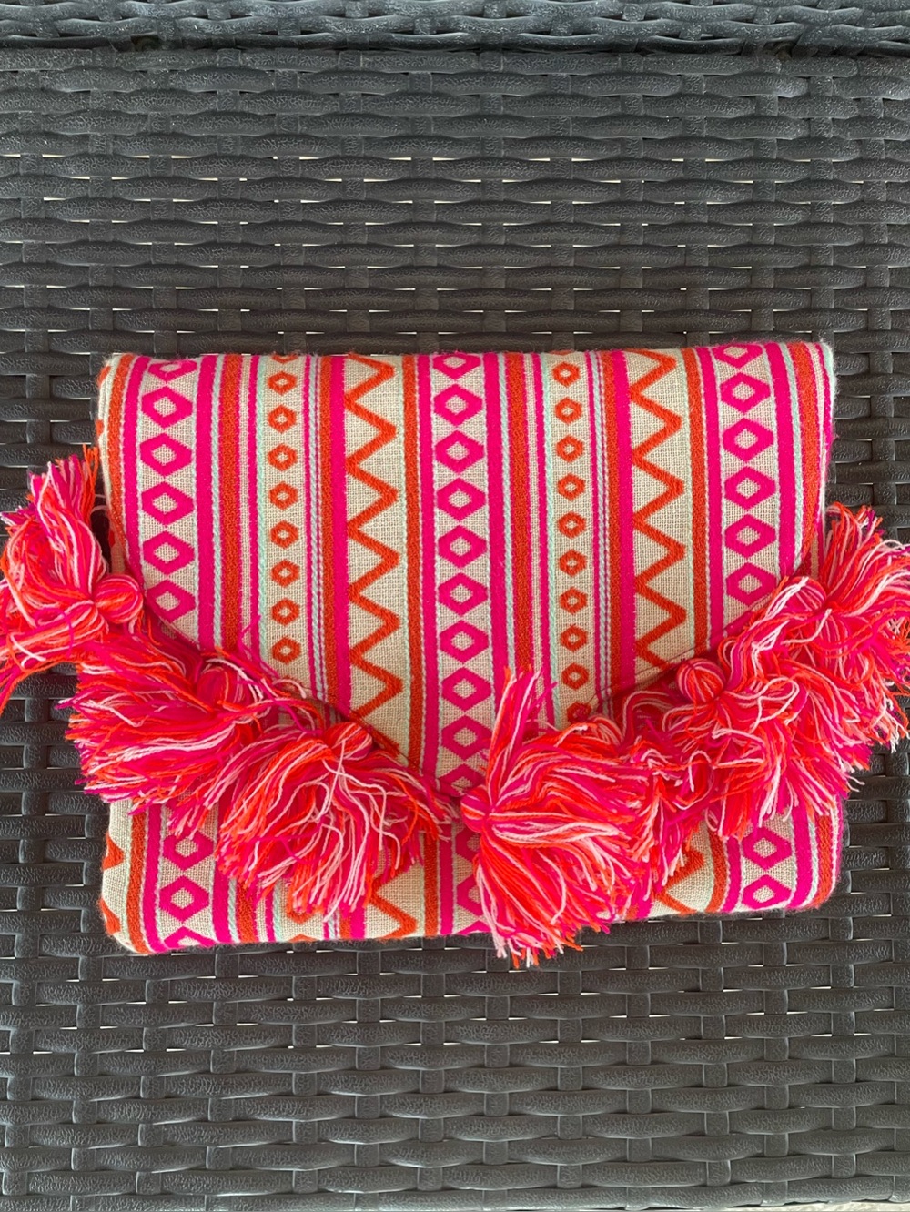 Mud Pie Boho Tassel Foldover Clutch Woven Pink Orange Tribal Handbag Purse